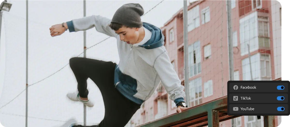 A frame of a skateboarder with Facebook, TikTok and YouTube publishing toggles switched on.