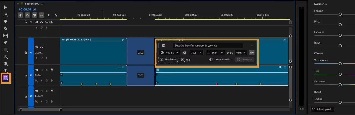 Premiere timeline with a range selected and the generative task bar above it, showing prompt, model, resolution, aspect ratio, frame rate and First frame controls.