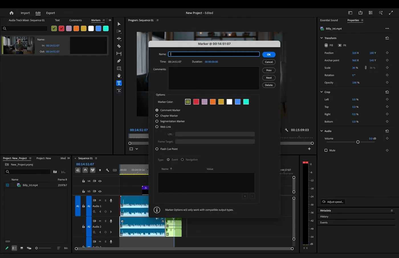 Premiere with the marker dialog open, showing name, duration, comments and color options.