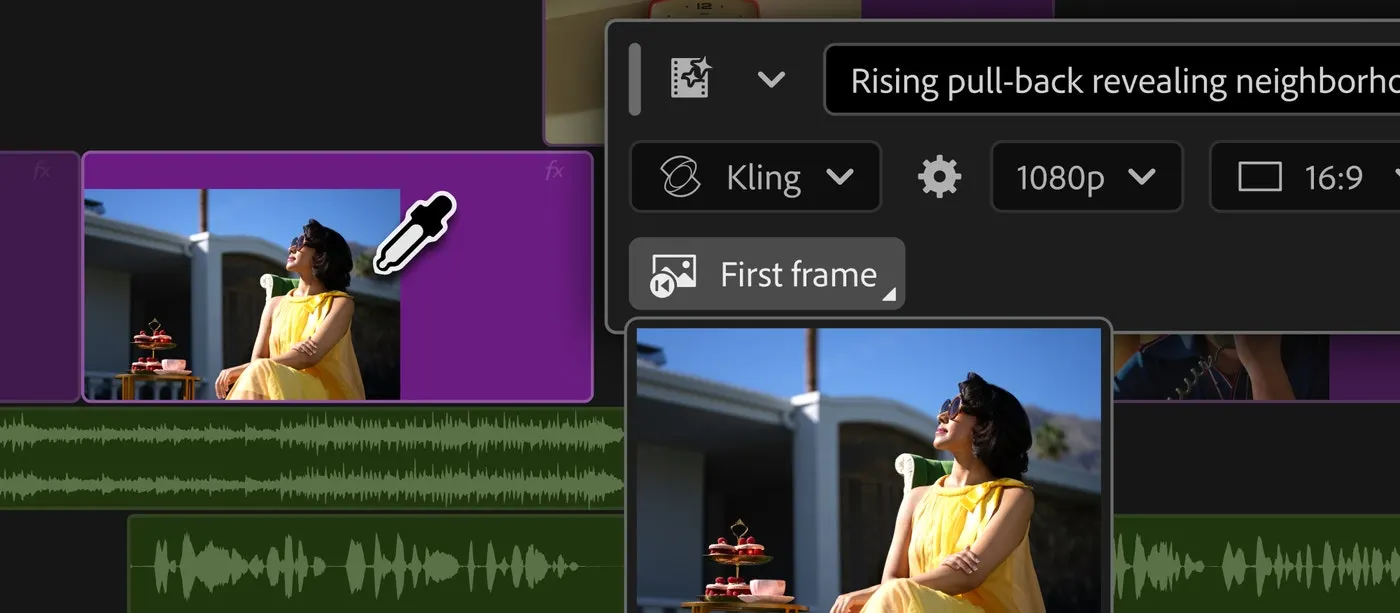 Premiere's generative task bar with the Kling model selected; an eyedropper samples a frame from the timeline and a large preview appears above the First frame button.