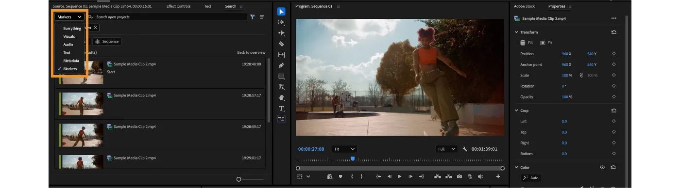 Premiere's Search panel listing results with video thumbnails beside the Program Monitor.