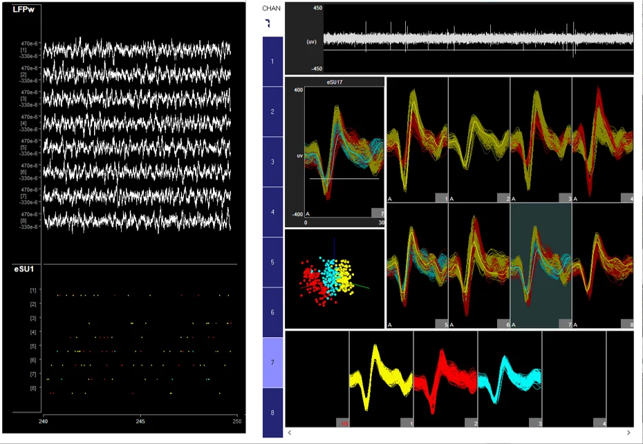 Synapse recording view with multichannel signals, sorted spike waveforms in yellow, red and cyan, and a cluster plot.